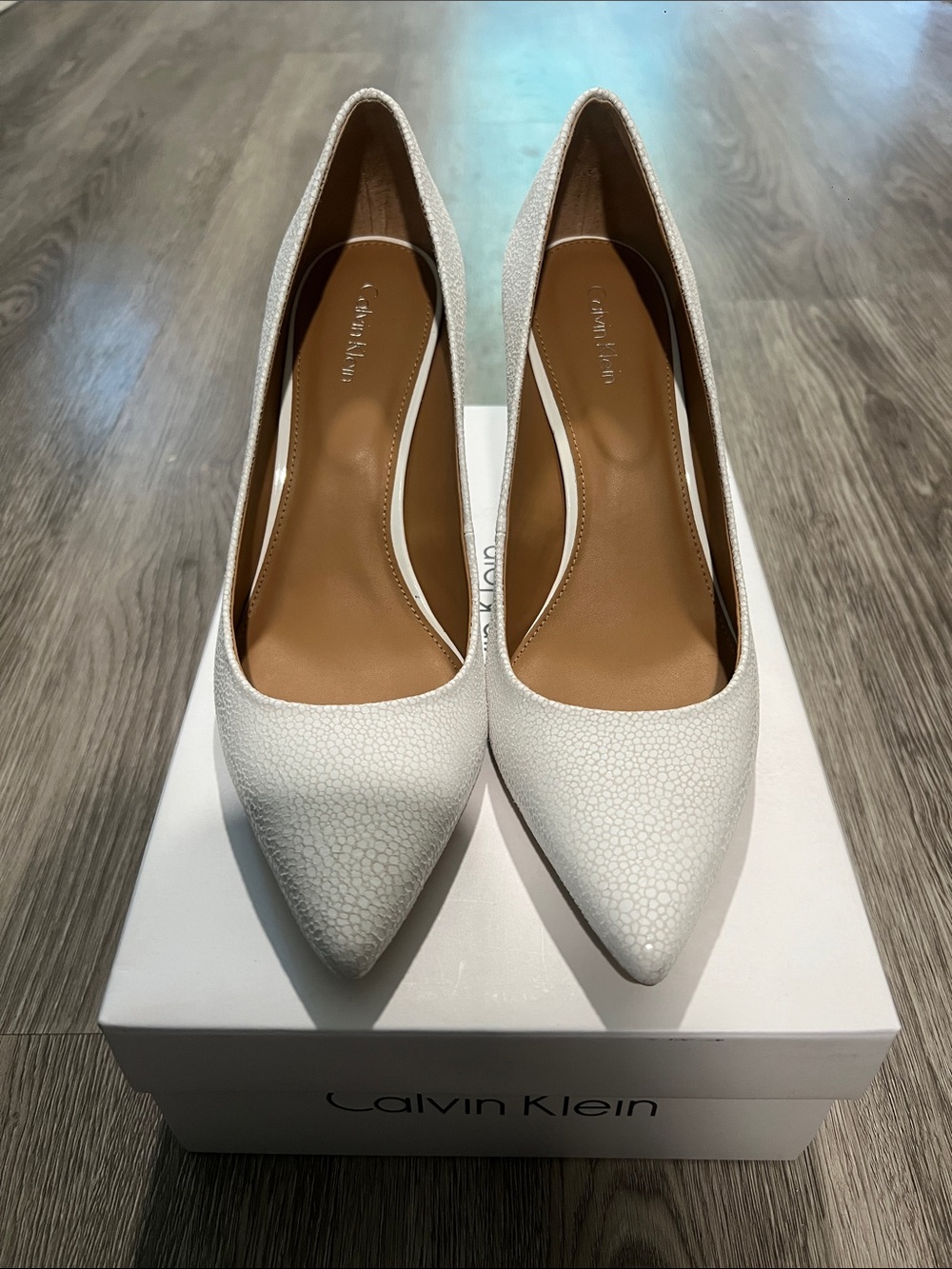 Calvin Klein Gayle Textured White Pointed Toe Pumps
